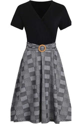 Criss-Cross V Neck Houndstooth Fit and Flare Tea Dress SALE